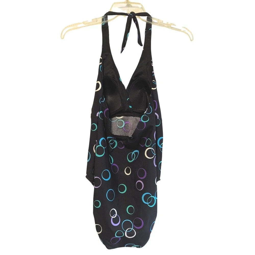 Miraclesuit Womens Halter One‎ Piece Swimsuit Black Geometric Circle Print 10